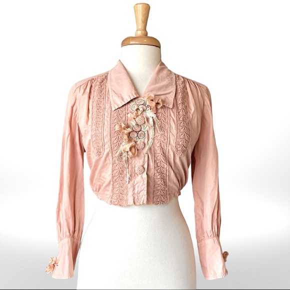Antique Cotton Blouse w/ Crochet, Embroidery, and Ribbons Cropped Length OOAK - Picture 13 of 14